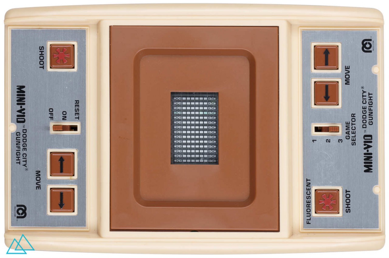 Top view of dedicated video game handheld console Mego Corp Mini Vid Gunfight